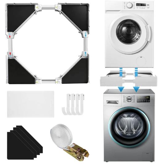 Washing machine base, stacking frame for dryers and washing machines, universal connecting frame set for washing machines and dryers, stacking kit with ratchet rope, adjustable width from 45-70cm
