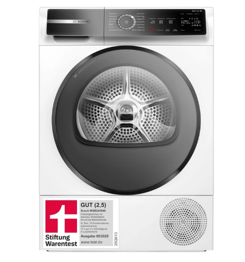 Bosch WQB245B40, Stiftung Warentest GOOD (2.5)*, Series 8 Smart Heat Pump Dryer 9 kg, AutoDry Sensor-Controlled Drying, SmartDry Automatic Program, LED Display, Self-Cleaning Condenser